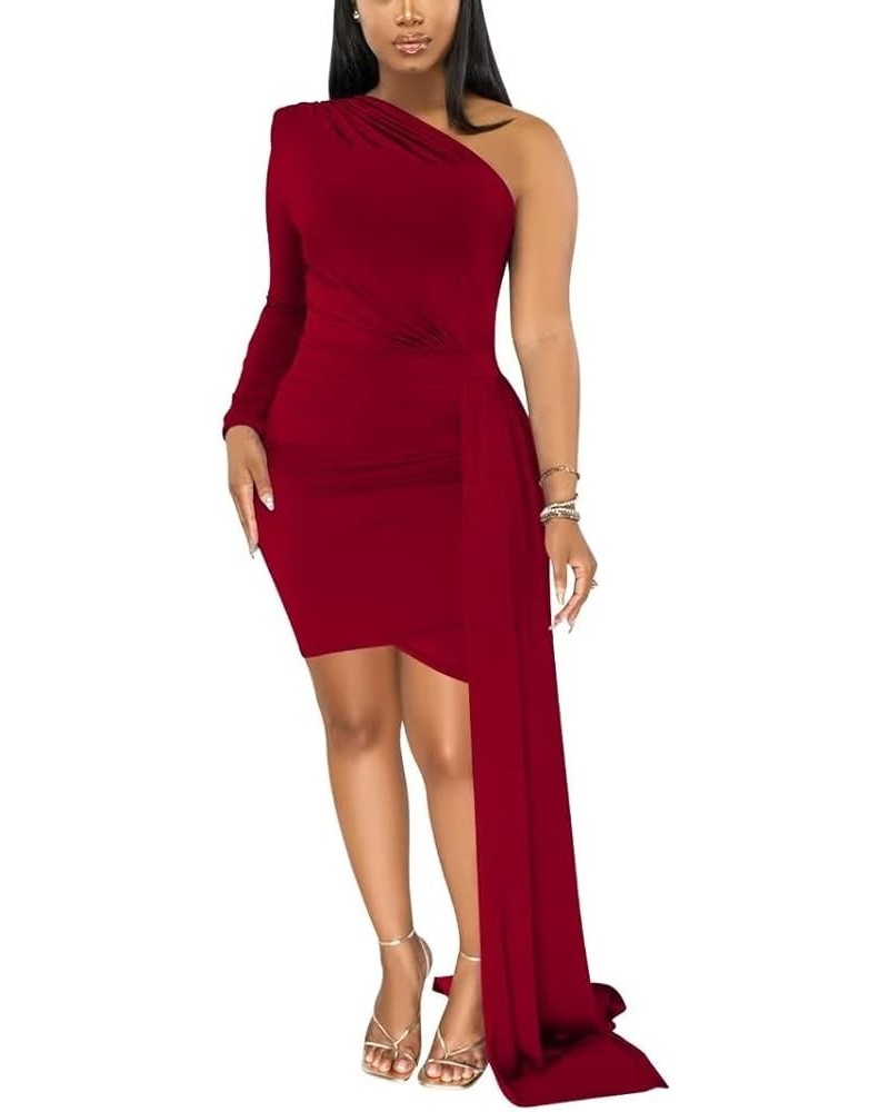 Women's One Shoulder Ruched Irregular Dress Sexy Date Night Party Dresses Long Sleeve Bodycon Mini Dress Wine Red $18.99 Dresses