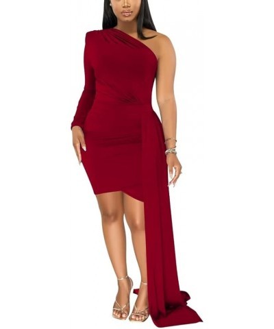 Women's One Shoulder Ruched Irregular Dress Sexy Date Night Party Dresses Long Sleeve Bodycon Mini Dress Wine Red $18.99 Dresses