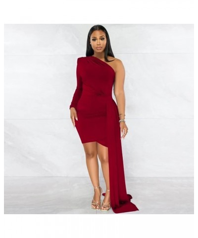 Women's One Shoulder Ruched Irregular Dress Sexy Date Night Party Dresses Long Sleeve Bodycon Mini Dress Wine Red $18.99 Dresses