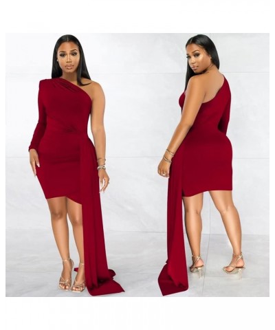 Women's One Shoulder Ruched Irregular Dress Sexy Date Night Party Dresses Long Sleeve Bodycon Mini Dress Wine Red $18.99 Dresses