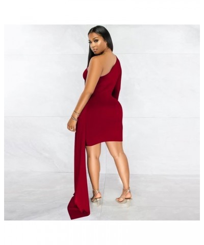 Women's One Shoulder Ruched Irregular Dress Sexy Date Night Party Dresses Long Sleeve Bodycon Mini Dress Wine Red $18.99 Dresses