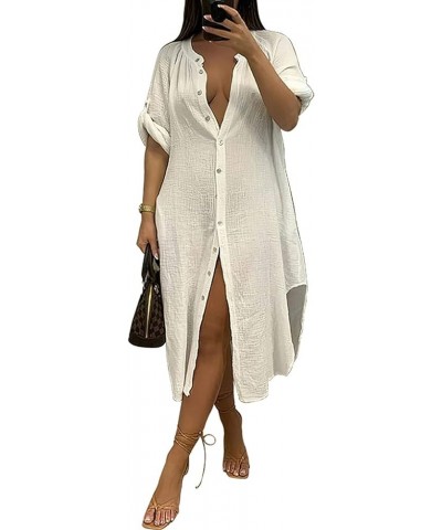 Womens Casual Button Down Shirt Dress Side Split Kimonos Swimsuit Cover up Beachwear White $18.06 Swimsuits