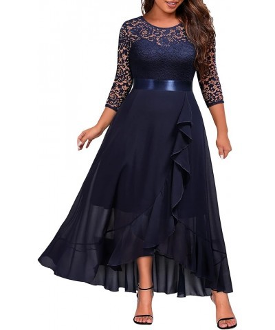 Women's Plus Size Elegant Ruffle Floral Lace Bridesmaid Maxi Dress Navy Blue $42.89 Dresses