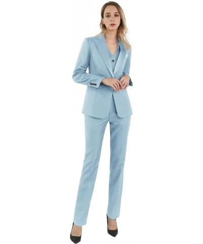 Satin Peaked Lapel Womens Suits 3 Piece Set Womens Suits for Work Professional Suits for Women Sky Blue $36.40 Suits
