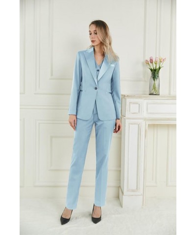 Satin Peaked Lapel Womens Suits 3 Piece Set Womens Suits for Work Professional Suits for Women Sky Blue $36.40 Suits