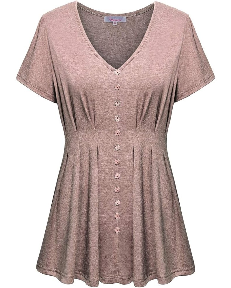 Womens Short Sleeve V Neck Casual Tunics Tops Button Décor Shirts Apricot $10.10 Tops