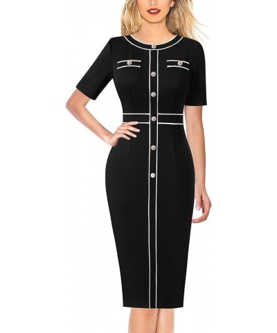 Womens Buttons Patchwork Work Business Office Party Bodycon Pencil Sheath Dress Black (White Piping) $25.43 Dresses