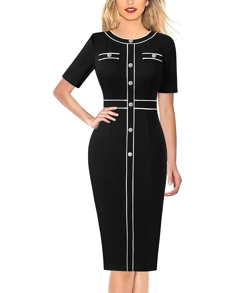 Womens Buttons Patchwork Work Business Office Party Bodycon Pencil Sheath Dress Black (White Piping) $25.43 Dresses