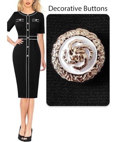 Womens Buttons Patchwork Work Business Office Party Bodycon Pencil Sheath Dress Black (White Piping) $25.43 Dresses