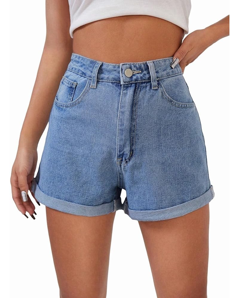 Women's High Waisted Mini Denim Shorts Roll Up Hem Casual Straight Leg Short Jeans Blue $25.07 Shorts