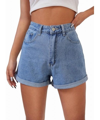 Women's High Waisted Mini Denim Shorts Roll Up Hem Casual Straight Leg Short Jeans Blue $25.07 Shorts