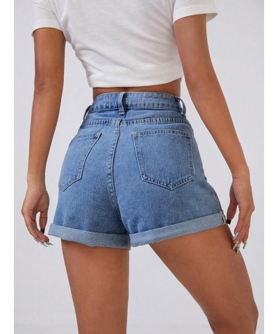 Women's High Waisted Mini Denim Shorts Roll Up Hem Casual Straight Leg Short Jeans Blue $25.07 Shorts