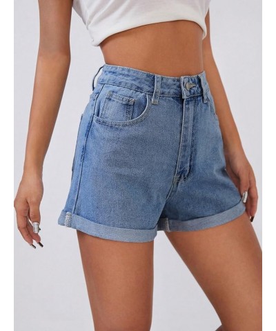 Women's High Waisted Mini Denim Shorts Roll Up Hem Casual Straight Leg Short Jeans Blue $25.07 Shorts