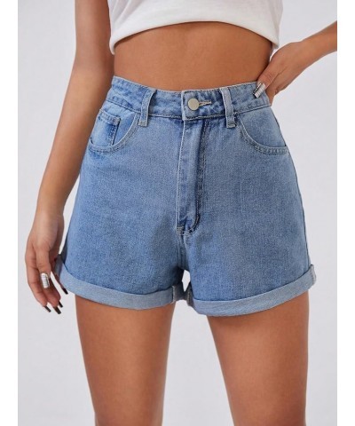 Women's High Waisted Mini Denim Shorts Roll Up Hem Casual Straight Leg Short Jeans Blue $25.07 Shorts