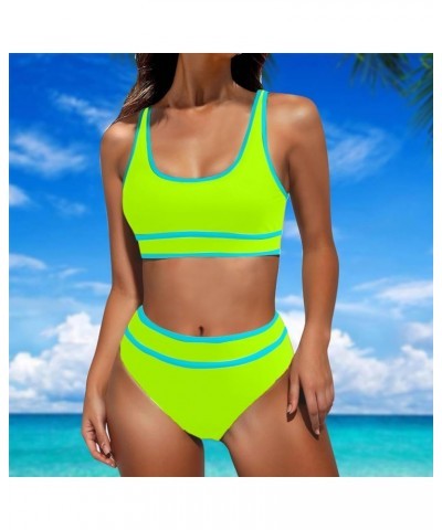 Womens High Waist Bikini Sets Sporty Color Block Two Piece Swimsuits Scoop Neck Cheeky Bathing Suits Surfing Swimwear A2_yell...