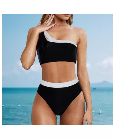 Womens High Waist Bikini Sets Sporty Color Block Two Piece Swimsuits Scoop Neck Cheeky Bathing Suits Surfing Swimwear A2_yell...