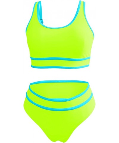 Womens High Waist Bikini Sets Sporty Color Block Two Piece Swimsuits Scoop Neck Cheeky Bathing Suits Surfing Swimwear A2_yell...