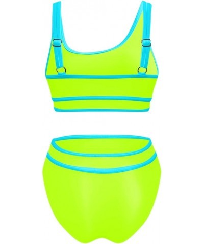 Womens High Waist Bikini Sets Sporty Color Block Two Piece Swimsuits Scoop Neck Cheeky Bathing Suits Surfing Swimwear A2_yell...