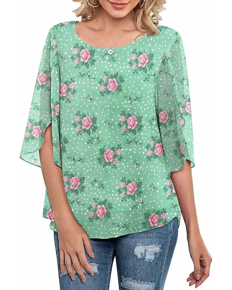 Womens Casual Scoop Neck Loose Top 3/4 Sleeve Chiffon Blouse Shirt Tops Pink Flower/ Green $14.40 Blouses