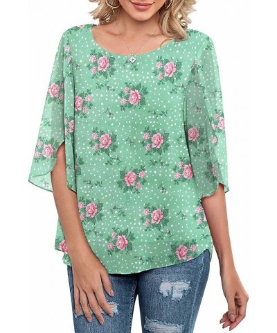 Womens Casual Scoop Neck Loose Top 3/4 Sleeve Chiffon Blouse Shirt Tops Pink Flower/ Green $14.40 Blouses