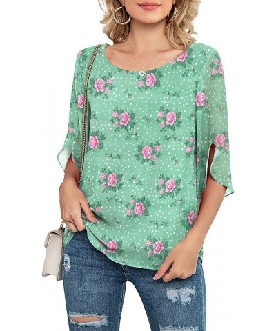 Womens Casual Scoop Neck Loose Top 3/4 Sleeve Chiffon Blouse Shirt Tops Pink Flower/ Green $14.40 Blouses