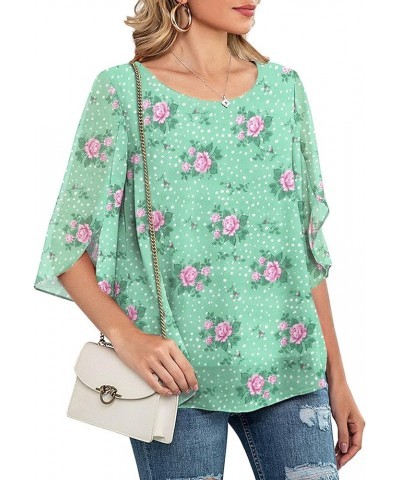 Womens Casual Scoop Neck Loose Top 3/4 Sleeve Chiffon Blouse Shirt Tops Pink Flower/ Green $14.40 Blouses