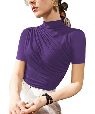 Women's Mock Neck Slim Fit T-Shirts Short Sleeve Ruched Dressy Tops Casual Elegant Tee Purple 57 $10.25 T-Shirts