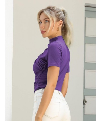 Women's Mock Neck Slim Fit T-Shirts Short Sleeve Ruched Dressy Tops Casual Elegant Tee Purple 57 $10.25 T-Shirts