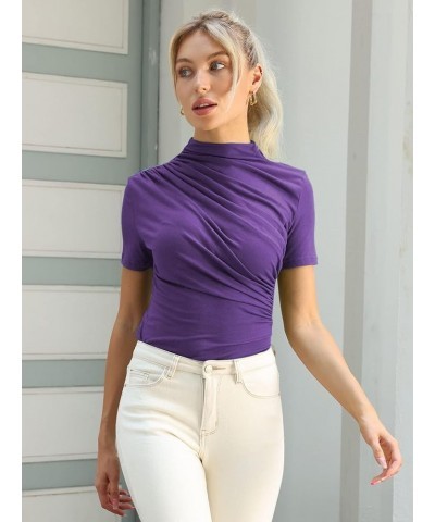 Women's Mock Neck Slim Fit T-Shirts Short Sleeve Ruched Dressy Tops Casual Elegant Tee Purple 57 $10.25 T-Shirts