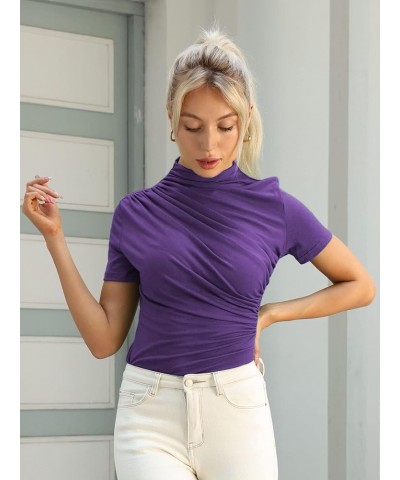 Women's Mock Neck Slim Fit T-Shirts Short Sleeve Ruched Dressy Tops Casual Elegant Tee Purple 57 $10.25 T-Shirts