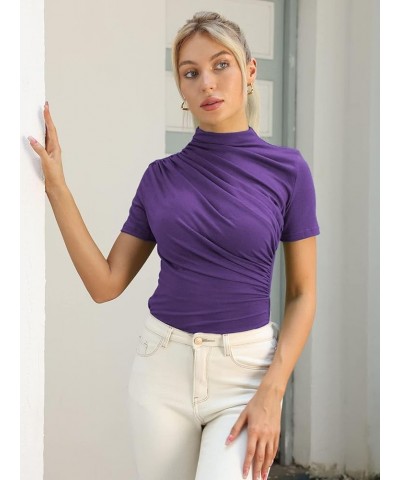 Women's Mock Neck Slim Fit T-Shirts Short Sleeve Ruched Dressy Tops Casual Elegant Tee Purple 57 $10.25 T-Shirts