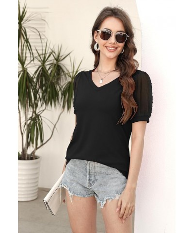 Womens Summer V Neck T Shirts Swiss Dot Puff Sleeve Tops Dressy Casual Shirts Blouses Black $11.25 Blouses