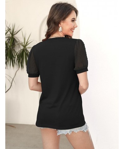 Womens Summer V Neck T Shirts Swiss Dot Puff Sleeve Tops Dressy Casual Shirts Blouses Black $11.25 Blouses