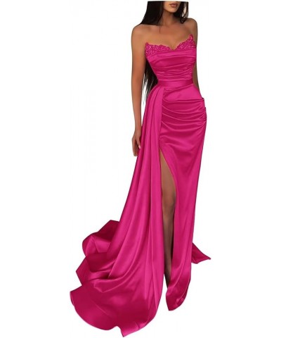 Women's Mermaid Prom Dresses Sequin Beaded Ball Gown Long Satin Formal Evening Gowns with high Slit Hot Pink $32.25 Dresses