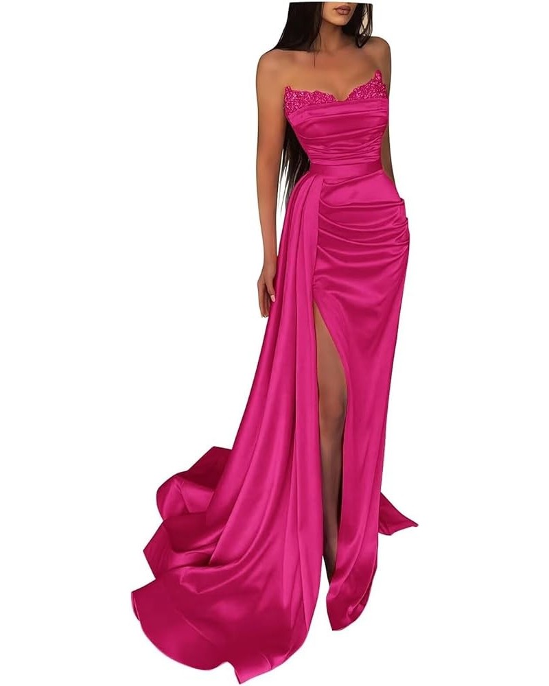 Women's Mermaid Prom Dresses Sequin Beaded Ball Gown Long Satin Formal Evening Gowns with high Slit Hot Pink $32.25 Dresses