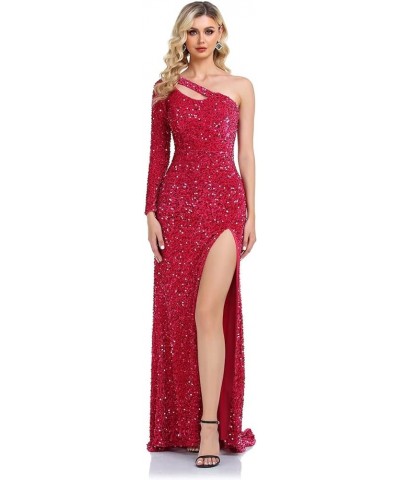 One Shoulder Long Sleeve Sequin Gowns Sparkly Mermaid Prom Dresses for Women Formal Evening Party Gold $40.32 Dresses