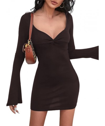 Women's Sexy Twist Front Dress Long Sleeve Sweetheart Neck Bodycon Dress Brown $19.94 Dresses