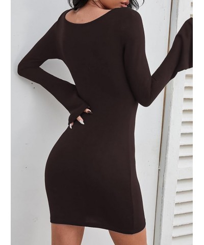 Women's Sexy Twist Front Dress Long Sleeve Sweetheart Neck Bodycon Dress Brown $19.94 Dresses