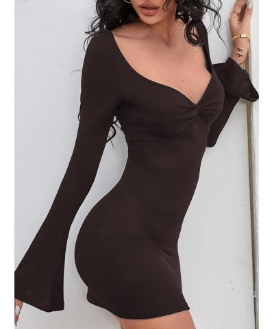 Women's Sexy Twist Front Dress Long Sleeve Sweetheart Neck Bodycon Dress Brown $19.94 Dresses