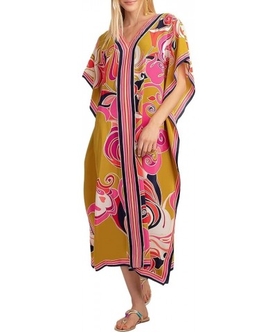 Womens Caftan Floral Print Kaftan Dress Short Sleeve Swimsuit Cover up Loungewear for Summer A2 $12.39 Swimsuits