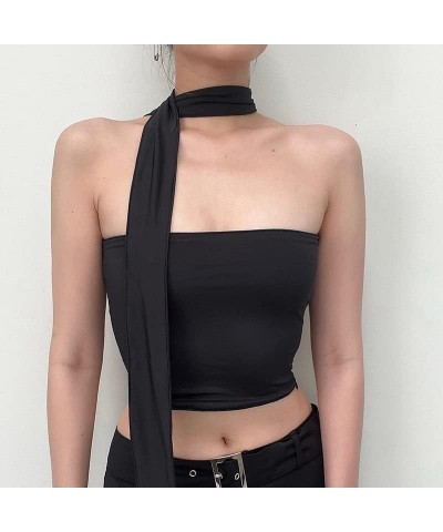 Women Sexy Halter Tank Tops Off Shoulder Hollow Backless Bandage Tube Top Y2k Sleeveless Scarf Crop Shirt Vintage M Black a $...