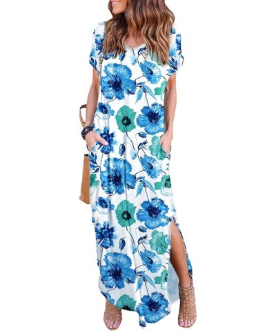 Women's Summer Maxi Dress Short Sleeve V Neck Casual Loose Long Beach Split Dresses with Pockets White Flower $16.31 Dresses