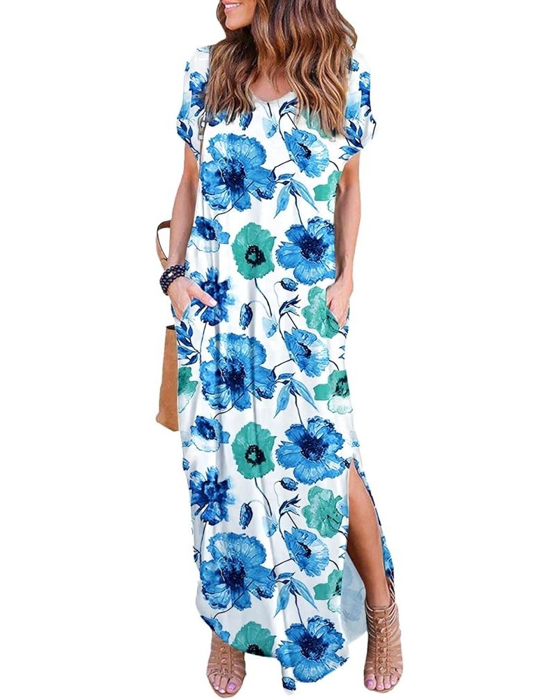 Women's Summer Maxi Dress Short Sleeve V Neck Casual Loose Long Beach Split Dresses with Pockets White Flower $16.31 Dresses