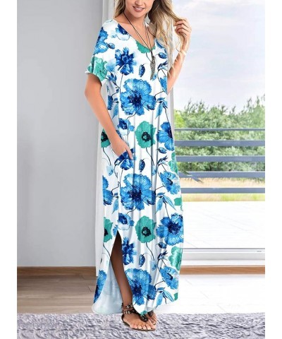 Women's Summer Maxi Dress Short Sleeve V Neck Casual Loose Long Beach Split Dresses with Pockets White Flower $16.31 Dresses