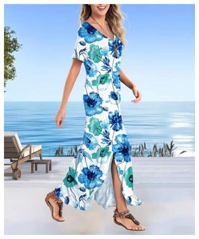 Women's Summer Maxi Dress Short Sleeve V Neck Casual Loose Long Beach Split Dresses with Pockets White Flower $16.31 Dresses