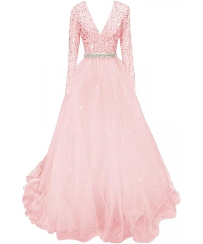 Long Sleeve Prom Dresses for Women Sequin Formal Dress Tulle Ball Gown V Neck Sexy Evening Gowns Pink $36.90 Dresses