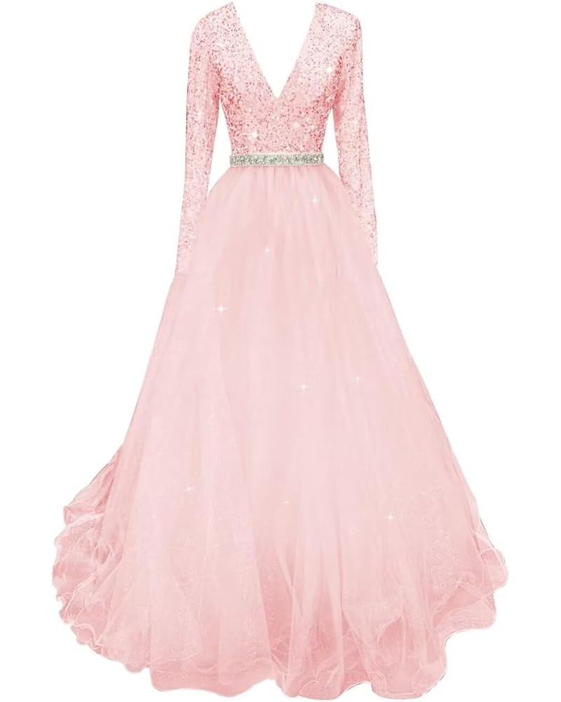 Long Sleeve Prom Dresses for Women Sequin Formal Dress Tulle Ball Gown V Neck Sexy Evening Gowns Pink $36.90 Dresses