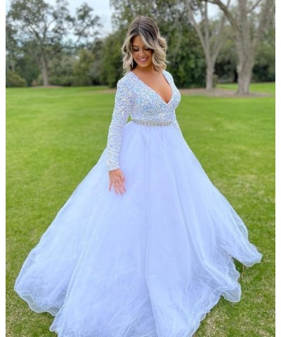 Long Sleeve Prom Dresses for Women Sequin Formal Dress Tulle Ball Gown V Neck Sexy Evening Gowns Pink $36.90 Dresses