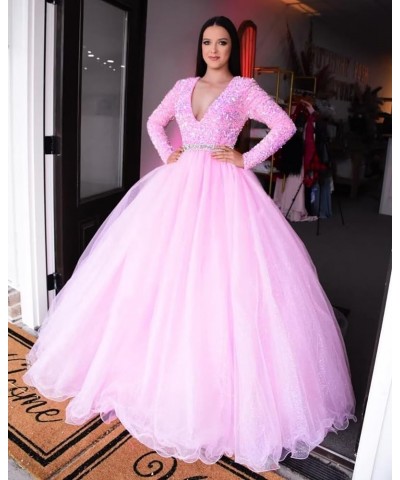 Long Sleeve Prom Dresses for Women Sequin Formal Dress Tulle Ball Gown V Neck Sexy Evening Gowns Pink $36.90 Dresses