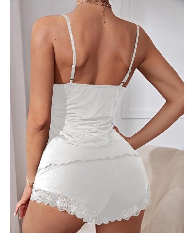 Women's Lace Trim Tie Front Scallop Cami Top and Shorts 2 Piece Pajama Set White $15.59 Sleep & Lounge